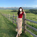 Korean Vintage Square Neck Short Sleeve Red Top + Polka Dot Midi Skirt, Elegant 2-Piece Outfit Set