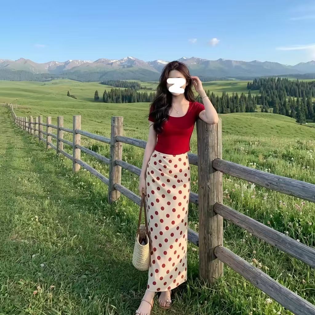 Korean Vintage Square Neck Short Sleeve Red Top + Polka Dot Midi Skirt, Elegant 2-Piece Outfit Set