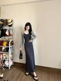 Navy Floral Spaghetti Strap Dress, Petite Slim-fit Elegant Summer 2-Piece Long Dress Set