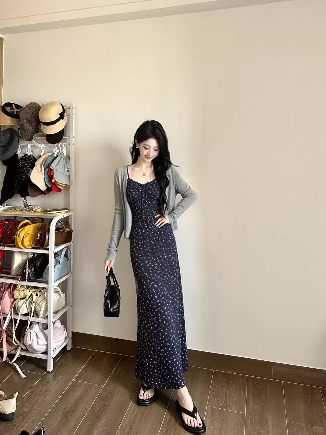 Navy Floral Spaghetti Strap Dress, Petite Slim-fit Elegant Summer 2-Piece Long Dress Set