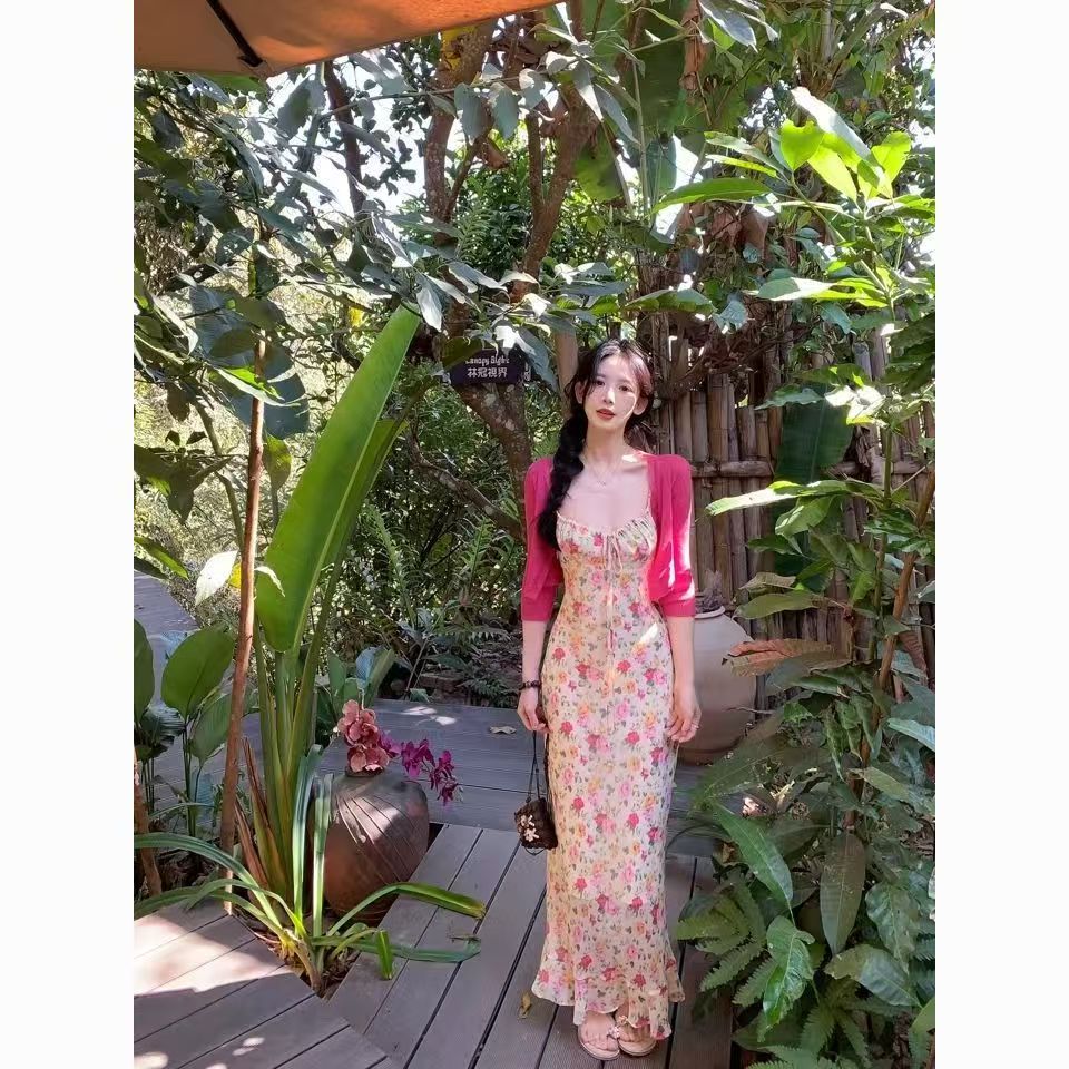 French Elegant Floral Cami Dress Set, Spring Summer Magenta Sun Protection Cardigan, Waist-tie Hip-hugging Mermaid Skirt
