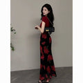 Dopamine Mature Chic 2-Piece Outfit, Women Summer V-Neck Short Sleeve T-Shirt & Red Printed Bodycon Mermaid Long Skirt Set」