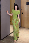 French Romantic Dopamine Green 2-Piece Outfit, Tie Short Sleeve Top & Floral Long Dress, Slim Elegant Set