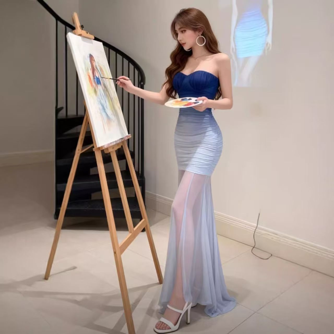 Women's  Blue Bandeau Maxi Dress – Slim Fit Beach Vacation Style