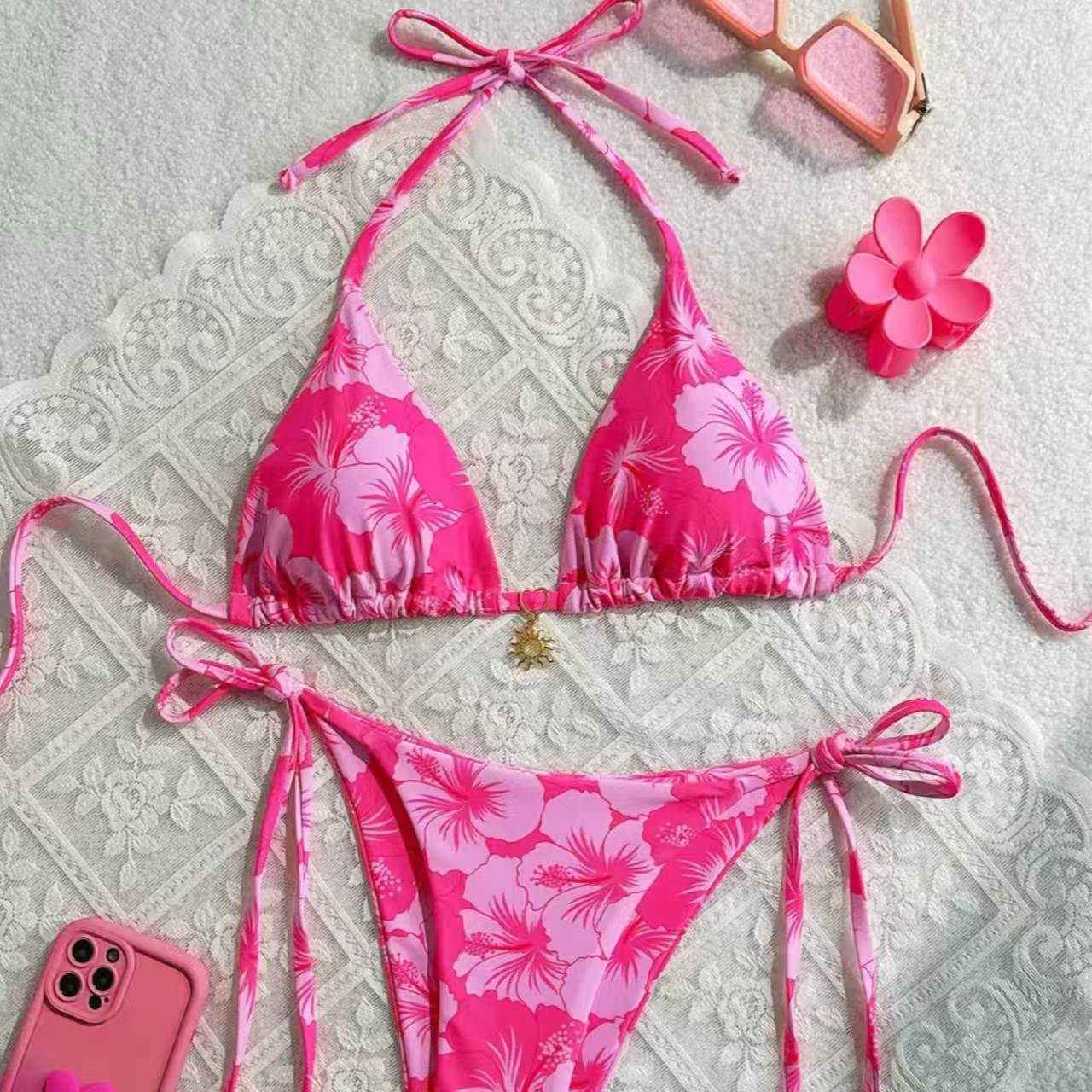 Women's Rose Pink Print Tie-Side Minimalist Bikini Set