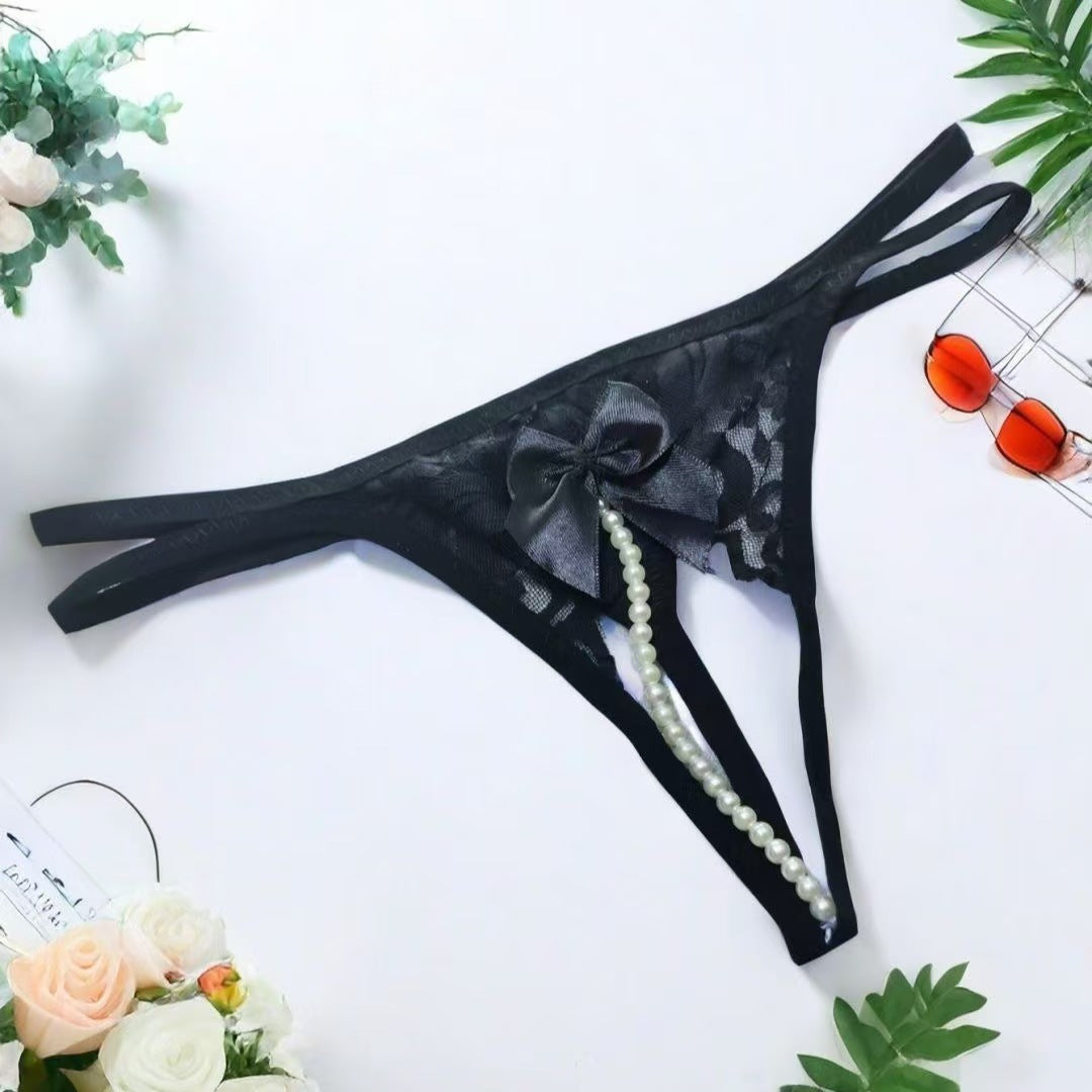 Women's Lace Bow Beaded Thong | Delicate Lingerie
