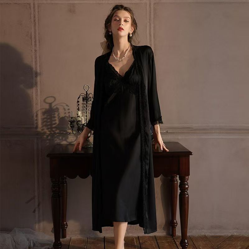 Women's Luxury Ice Silk Robe & Slip Dress Set | 2-Piece Sleepwear with Built-in Bra Pad