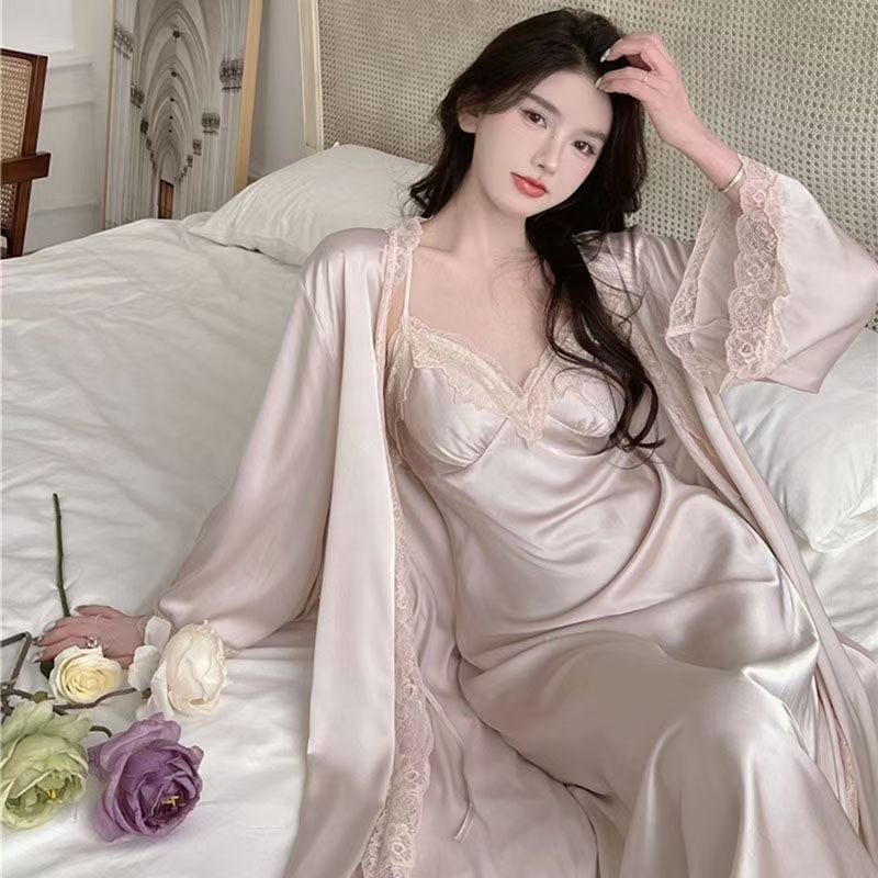 Women's Luxury Ice Silk Robe & Slip Dress Set | 2-Piece Sleepwear with Built-in Bra Pad