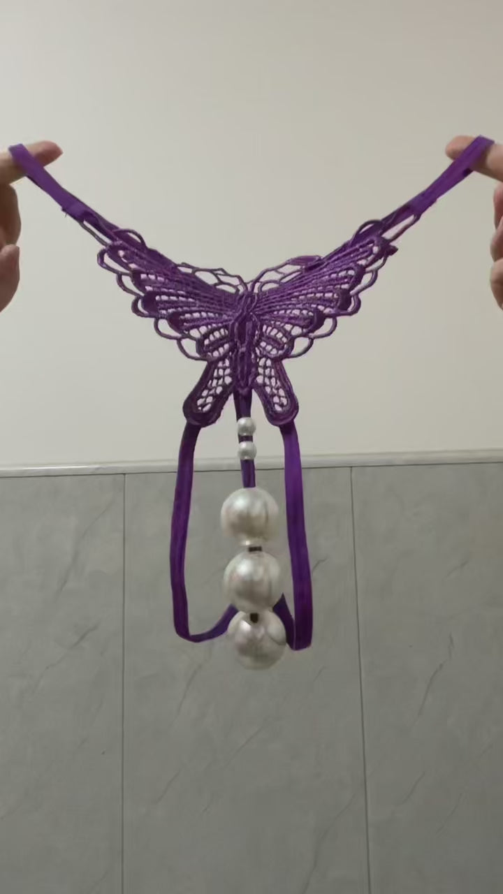 Women's Butterfly Pearl Massage Thong | Lace Lingerie